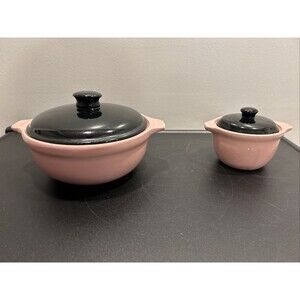 Vintage CRONIN Pottery Bake Oven Pink Black Pot Casserole MCM RETRO 2 Sets W Lid